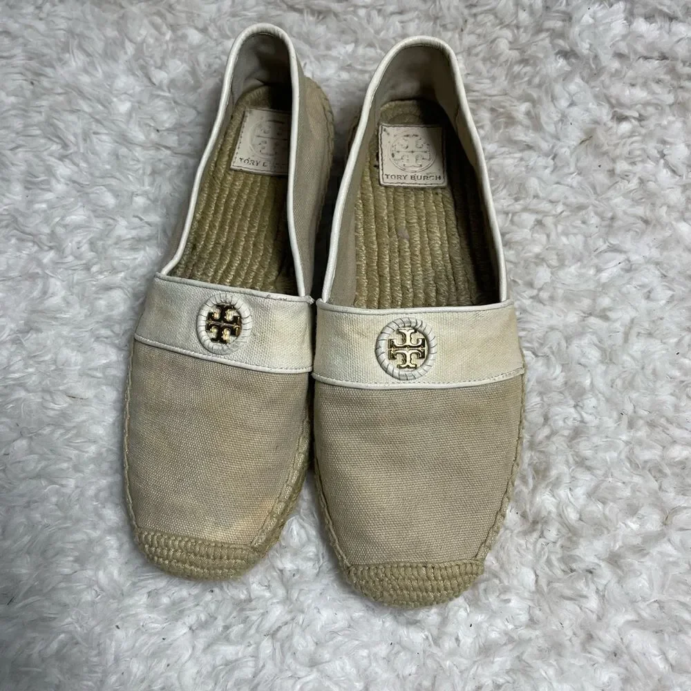 Tory Burch Canvas Khaki & beige espadrilles slip on gold tone logo accent SZ9.5